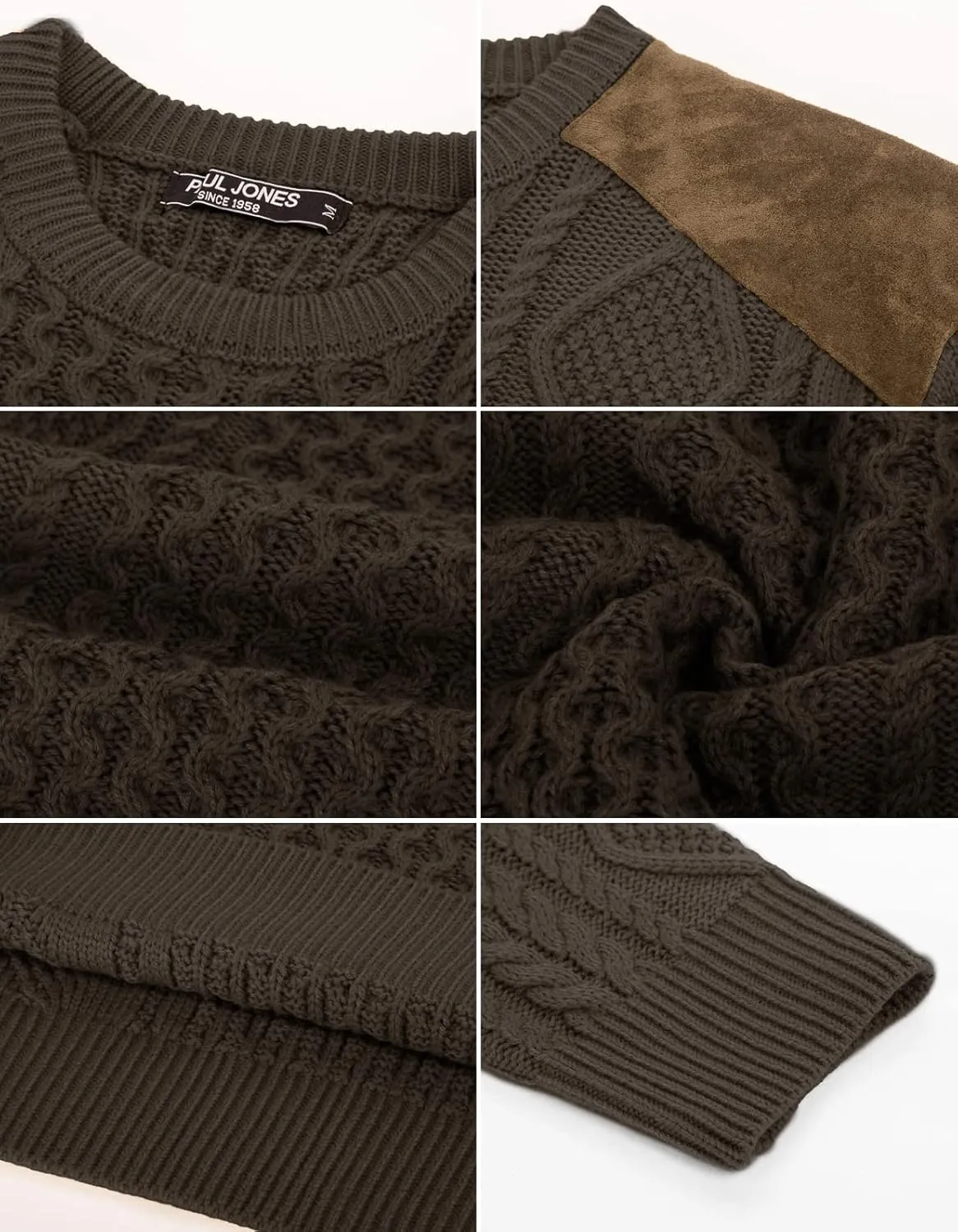PJ PAUL JONES Men's Military Pullover Sweater Crewneck Vintage Cable Knit Sweater with Suede Patchwork