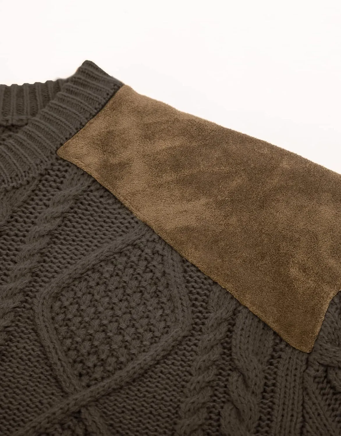 PJ PAUL JONES Men's Military Pullover Sweater Crewneck Vintage Cable Knit Sweater with Suede Patchwork