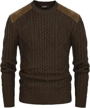 PJ PAUL JONES Men's Military Pullover Sweater Crewneck Vintage Cable Knit Sweater with Suede Patchwork