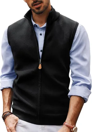 PJ PAUL JONES Mens Sweater Vest Full-Up Knitted Vests Casual Stand Collar Vests Sweater