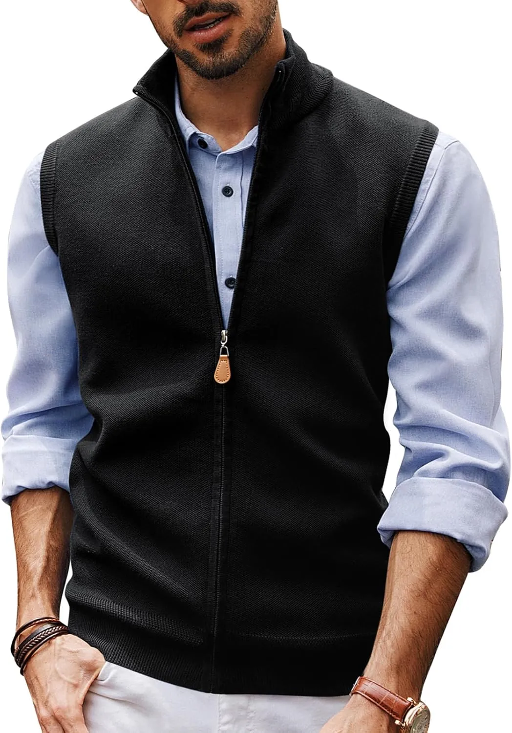 PJ PAUL JONES Mens Sweater Vest Full-Up Knitted Vests Casual Stand Collar Vests Sweater
