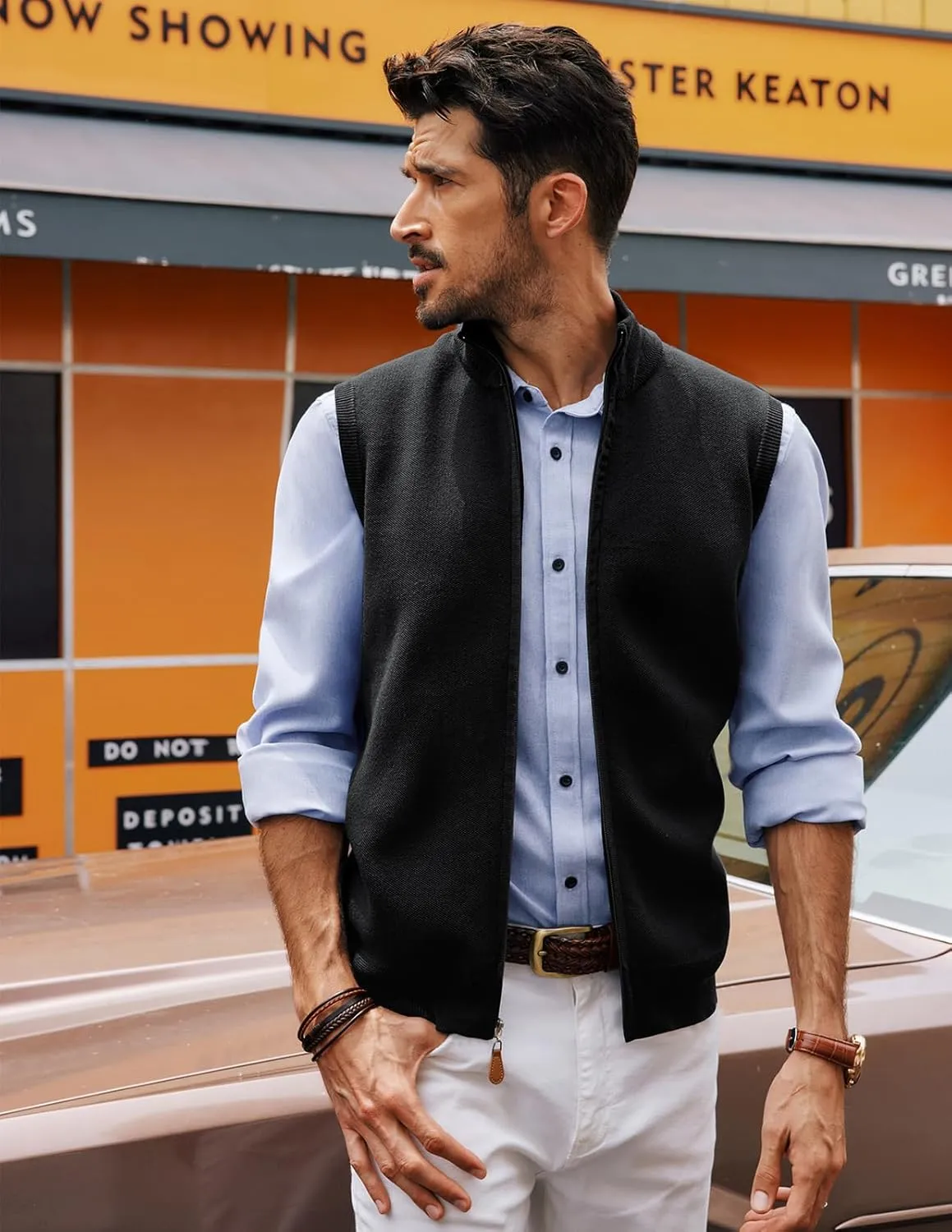 PJ PAUL JONES Mens Sweater Vest Full-Up Knitted Vests Casual Stand Collar Vests Sweater