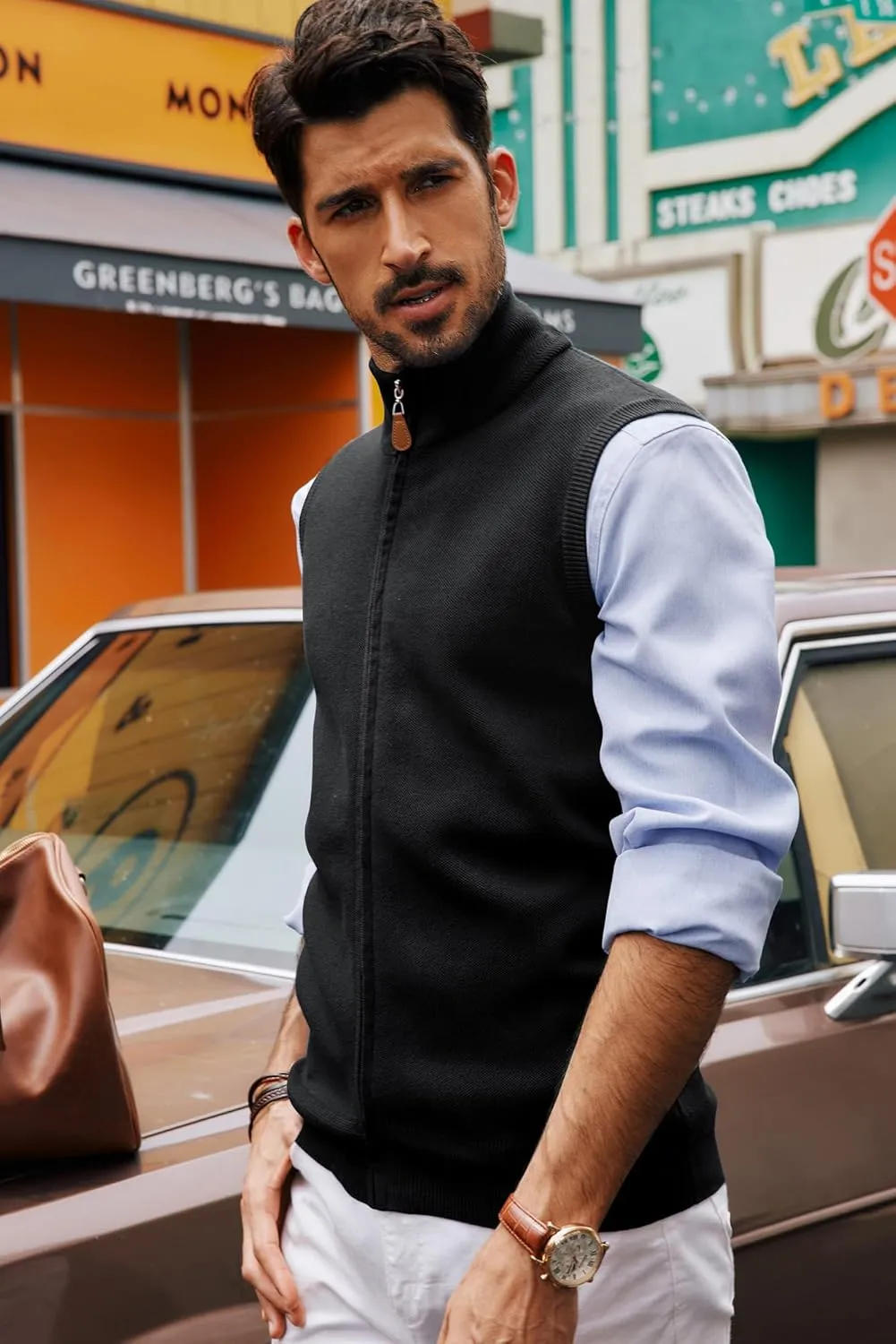 PJ PAUL JONES Mens Sweater Vest Full-Up Knitted Vests Casual Stand Collar Vests Sweater