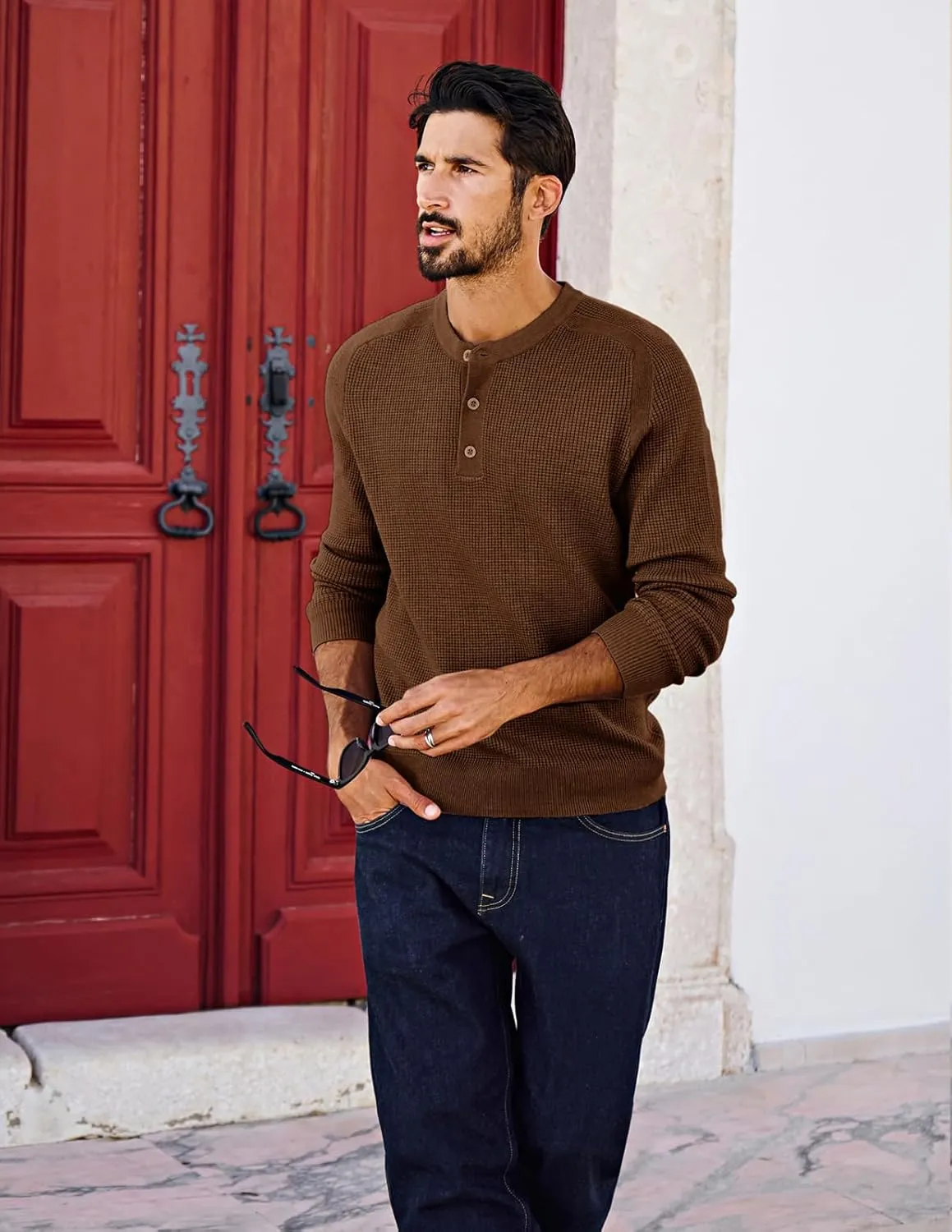 PJ PAUL JONES Mens Sweater Waffle Crewneck Pullover Sweaters Henley Sweater