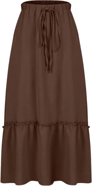 Pleated Midi Skirts for Women with Pockets, Elastic High Waisted Drawstring Skirt Womens Spring Skirts Trendy