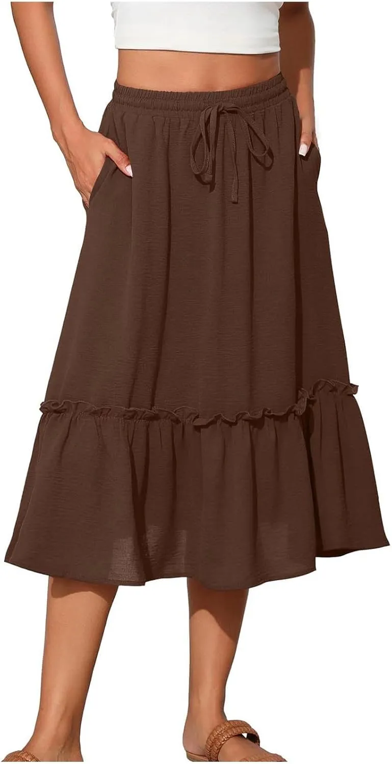 Pleated Midi Skirts for Women with Pockets, Elastic High Waisted Drawstring Skirt Womens Spring Skirts Trendy