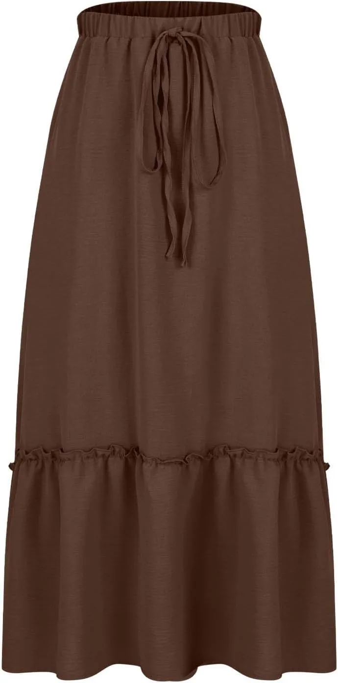 Pleated Midi Skirts for Women with Pockets, Elastic High Waisted Drawstring Skirt Womens Spring Skirts Trendy