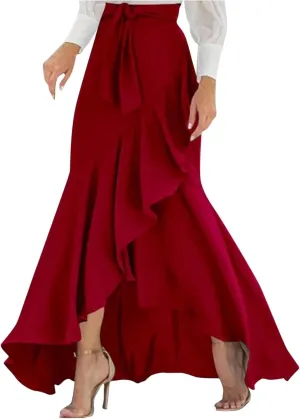 Plus Size Solid Mermaid Maxi Skirt Women Tie High Waist A Line Skirts Flowy Irregular Ruffle Hem Fishtail Long Skirt