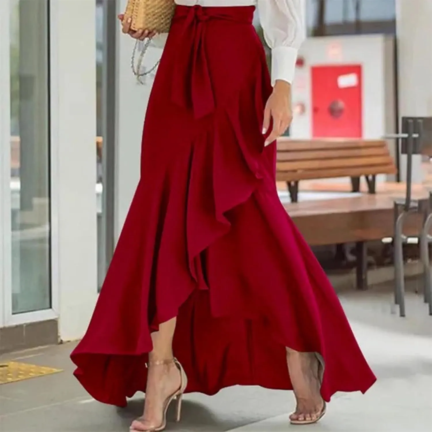 Plus Size Solid Mermaid Maxi Skirt Women Tie High Waist A Line Skirts Flowy Irregular Ruffle Hem Fishtail Long Skirt