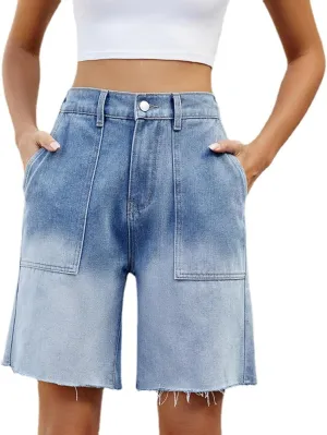 POHADON Womens Jean Shorts Bermuda Shorts Knee Length 2025 Trendy Y2k High Waisted Wide Leg Casual Summer Shorts with Pockets