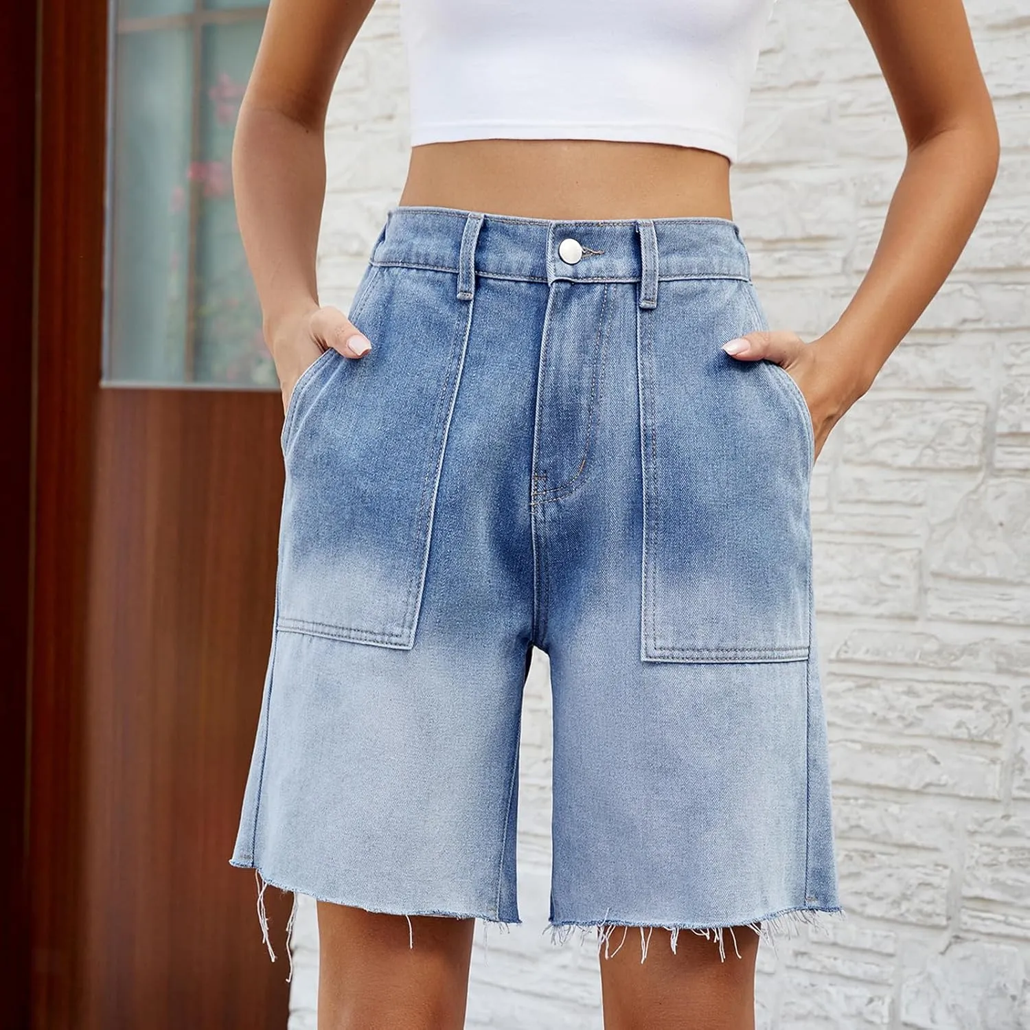POHADON Womens Jean Shorts Bermuda Shorts Knee Length 2025 Trendy Y2k High Waisted Wide Leg Casual Summer Shorts with Pockets