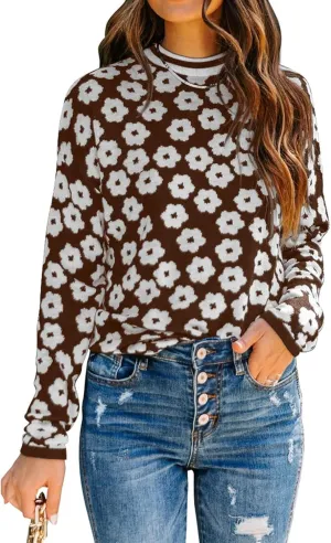 PRETTYGARDEN Women's Knit Floral Print Sweater Crewneck Long Sleeve Lightweight Pullover Sweatshirt
