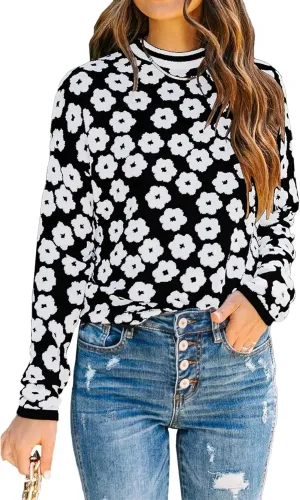 PRETTYGARDEN Women's Knit Floral Print Sweater Crewneck Long Sleeve Lightweight Pullover Sweatshirt