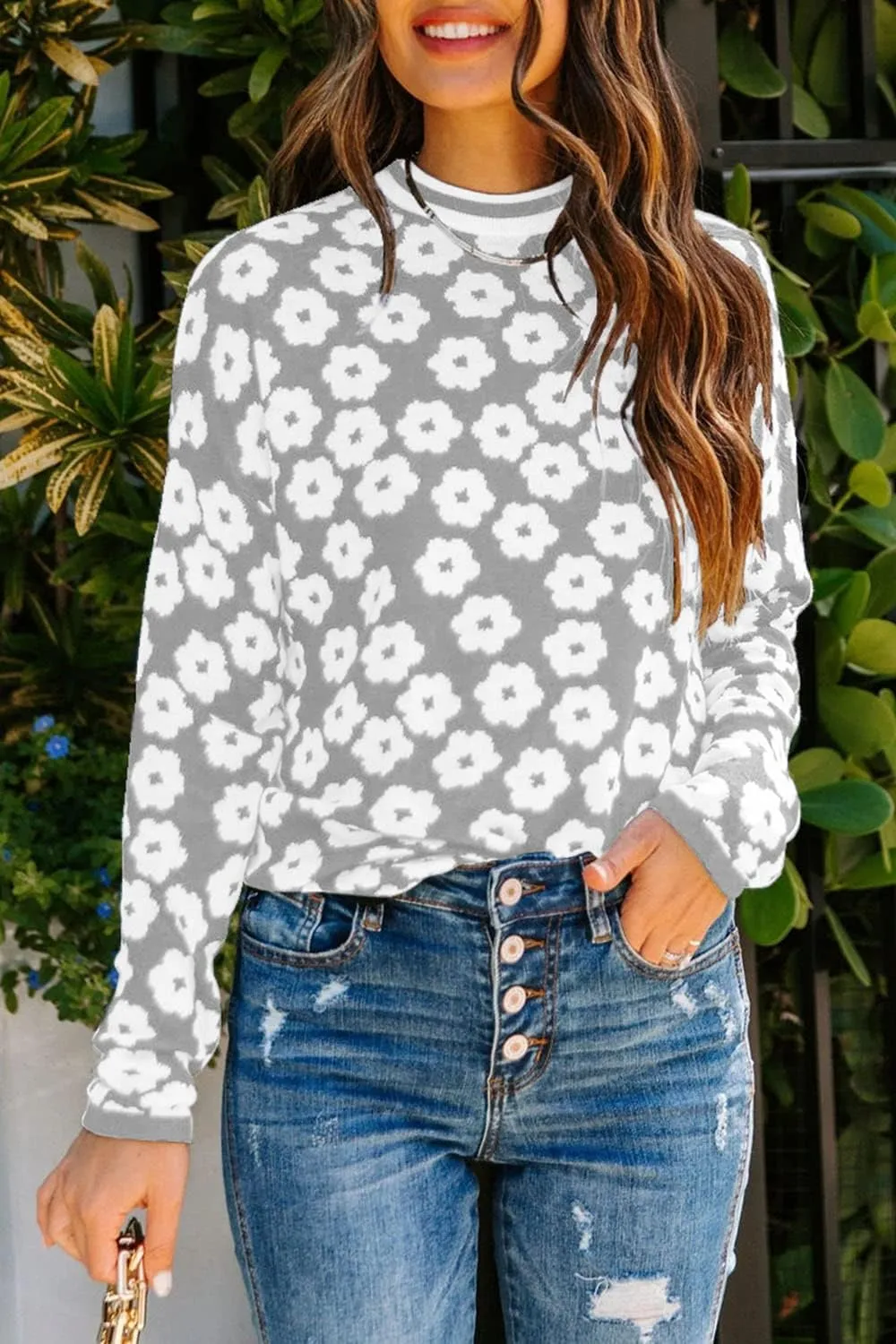 PRETTYGARDEN Women's Knit Floral Print Sweater Crewneck Long Sleeve Lightweight Pullover Sweatshirt