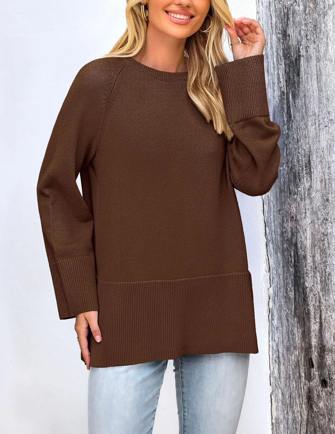 PRETTYGARDEN Women's Knit Spring Sweaters Long Sleeve Pullover Crewneck Split Hem Loose Oversized Tunic Fall Sweater Top