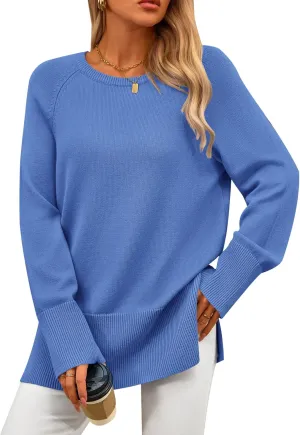 PRETTYGARDEN Women's Knit Spring Sweaters Long Sleeve Pullover Crewneck Split Hem Loose Oversized Tunic Fall Sweater Top