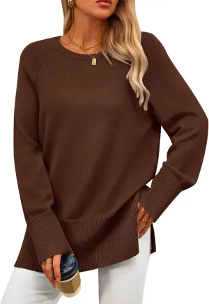 PRETTYGARDEN Women's Knit Spring Sweaters Long Sleeve Pullover Crewneck Split Hem Loose Oversized Tunic Fall Sweater Top
