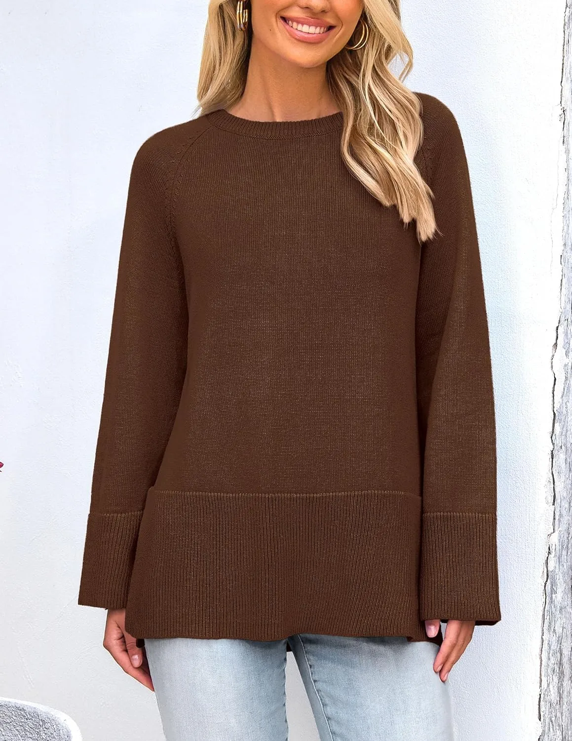 PRETTYGARDEN Women's Knit Spring Sweaters Long Sleeve Pullover Crewneck Split Hem Loose Oversized Tunic Fall Sweater Top