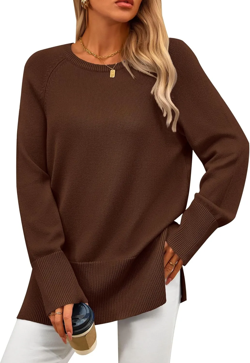 PRETTYGARDEN Women's Knit Spring Sweaters Long Sleeve Pullover Crewneck Split Hem Loose Oversized Tunic Fall Sweater Top