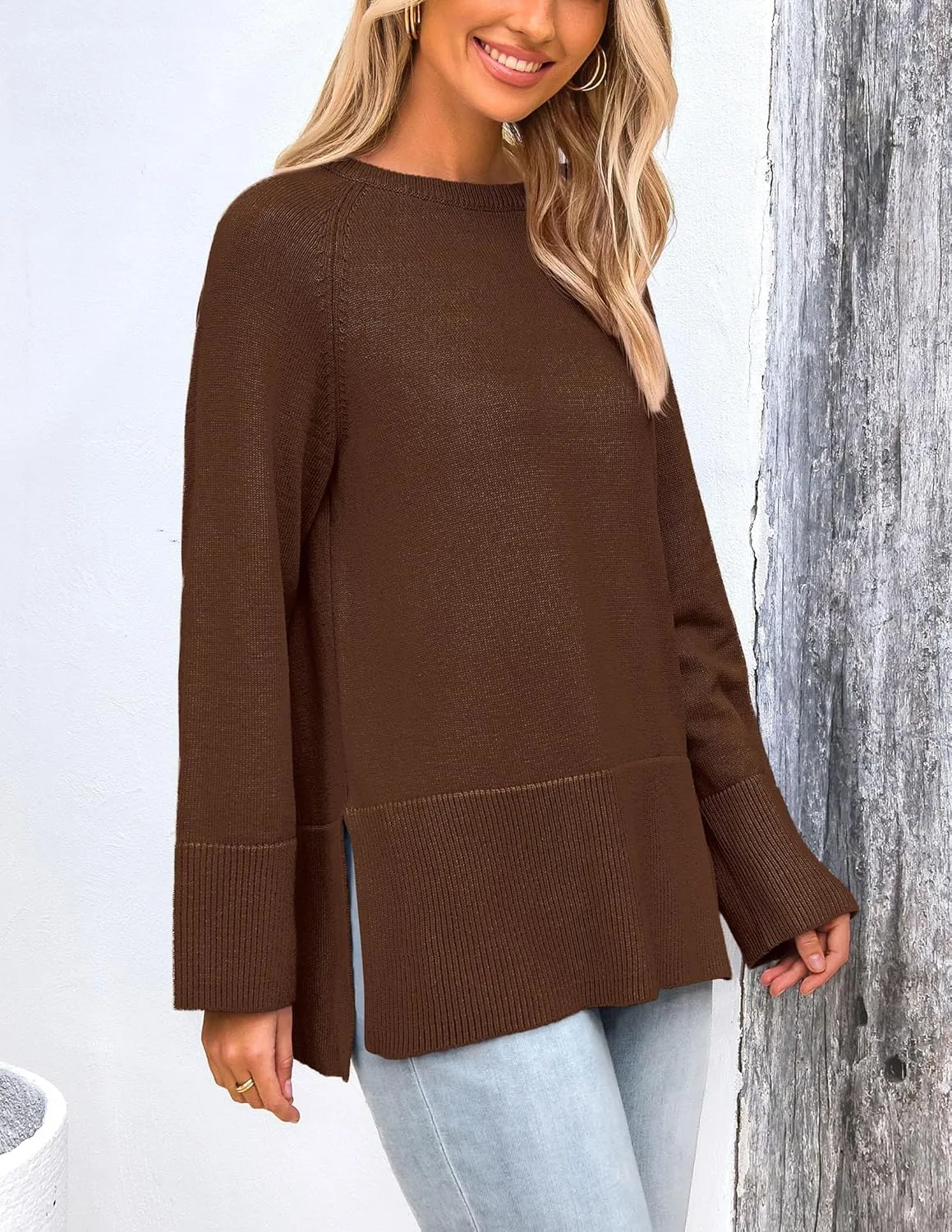 PRETTYGARDEN Women's Knit Spring Sweaters Long Sleeve Pullover Crewneck Split Hem Loose Oversized Tunic Fall Sweater Top