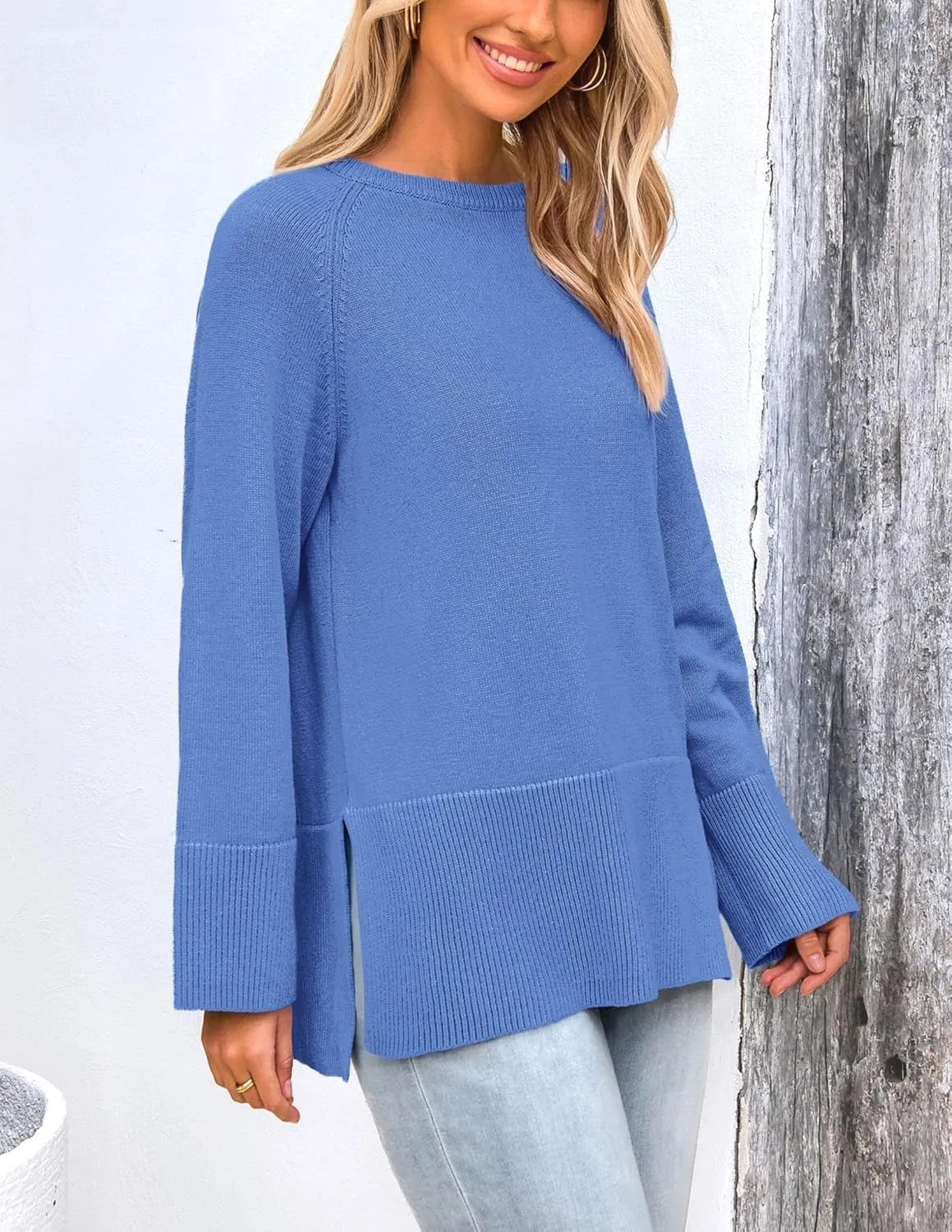 PRETTYGARDEN Women's Knit Spring Sweaters Long Sleeve Pullover Crewneck Split Hem Loose Oversized Tunic Fall Sweater Top