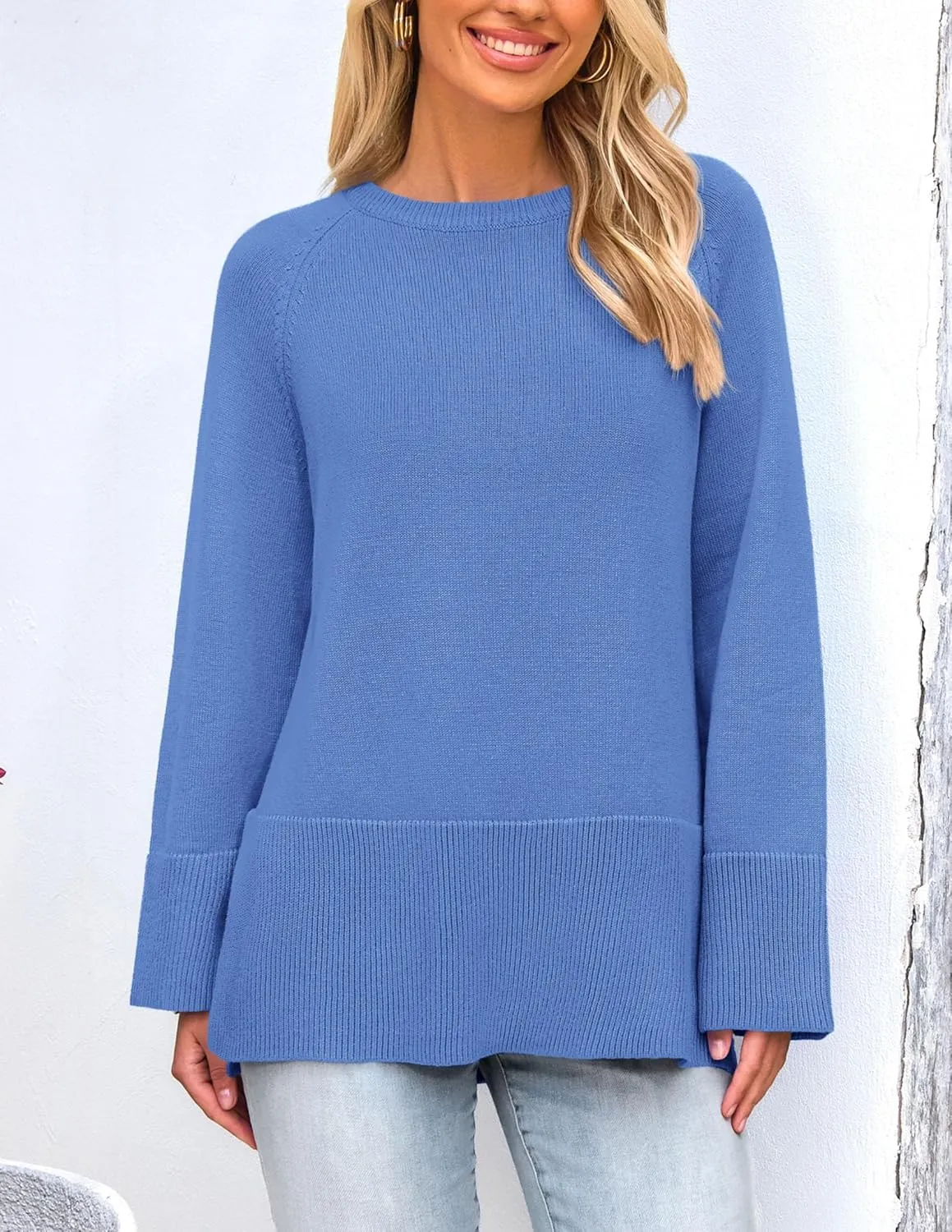 PRETTYGARDEN Women's Knit Spring Sweaters Long Sleeve Pullover Crewneck Split Hem Loose Oversized Tunic Fall Sweater Top