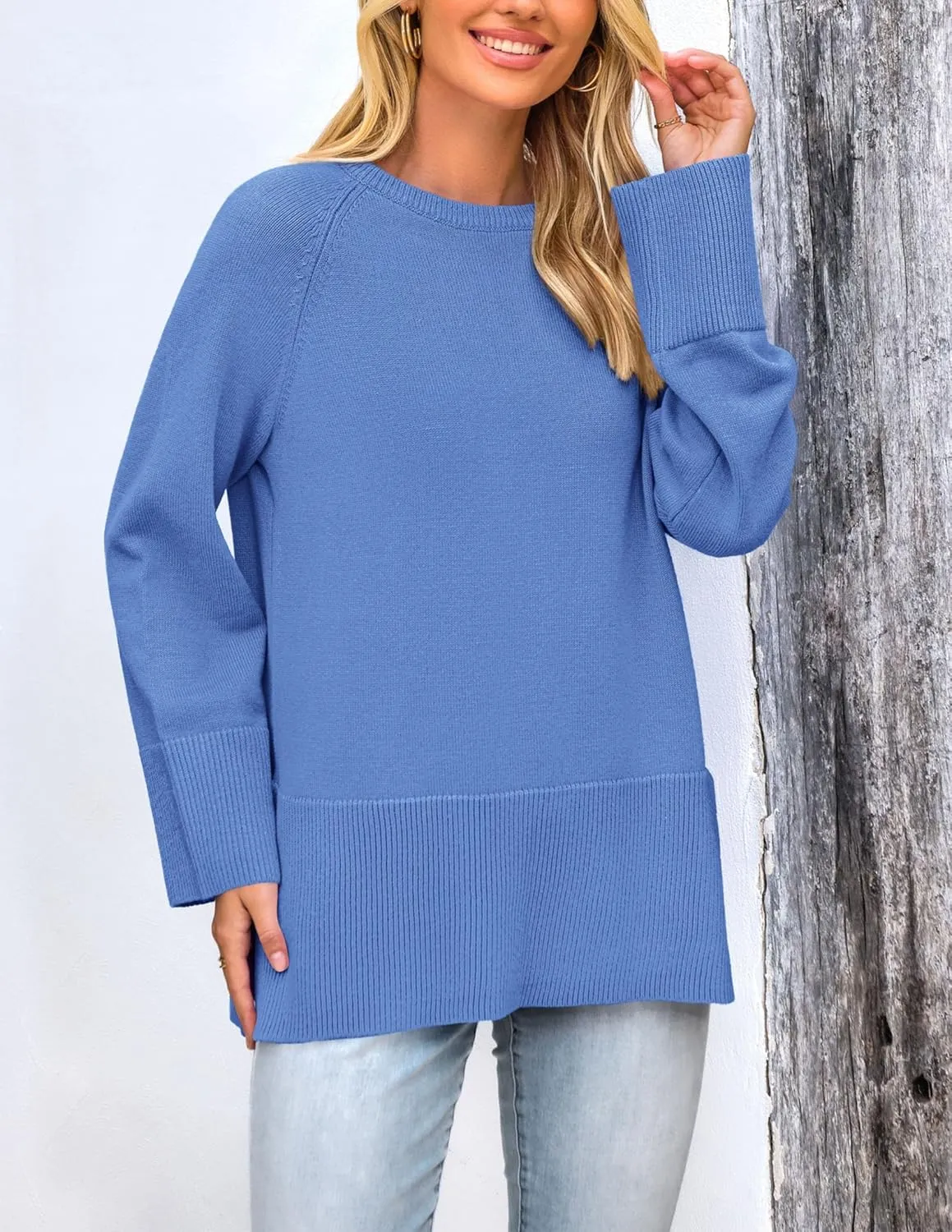 PRETTYGARDEN Women's Knit Spring Sweaters Long Sleeve Pullover Crewneck Split Hem Loose Oversized Tunic Fall Sweater Top