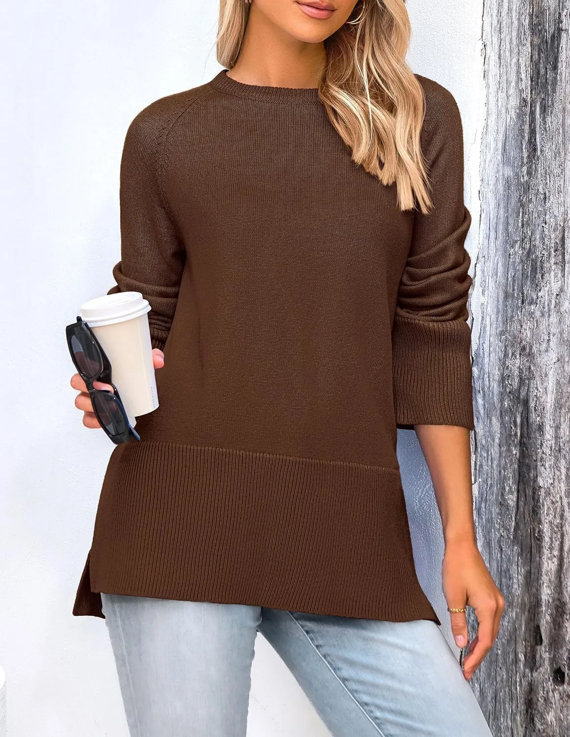 PRETTYGARDEN Women's Knit Spring Sweaters Long Sleeve Pullover Crewneck Split Hem Loose Oversized Tunic Fall Sweater Top