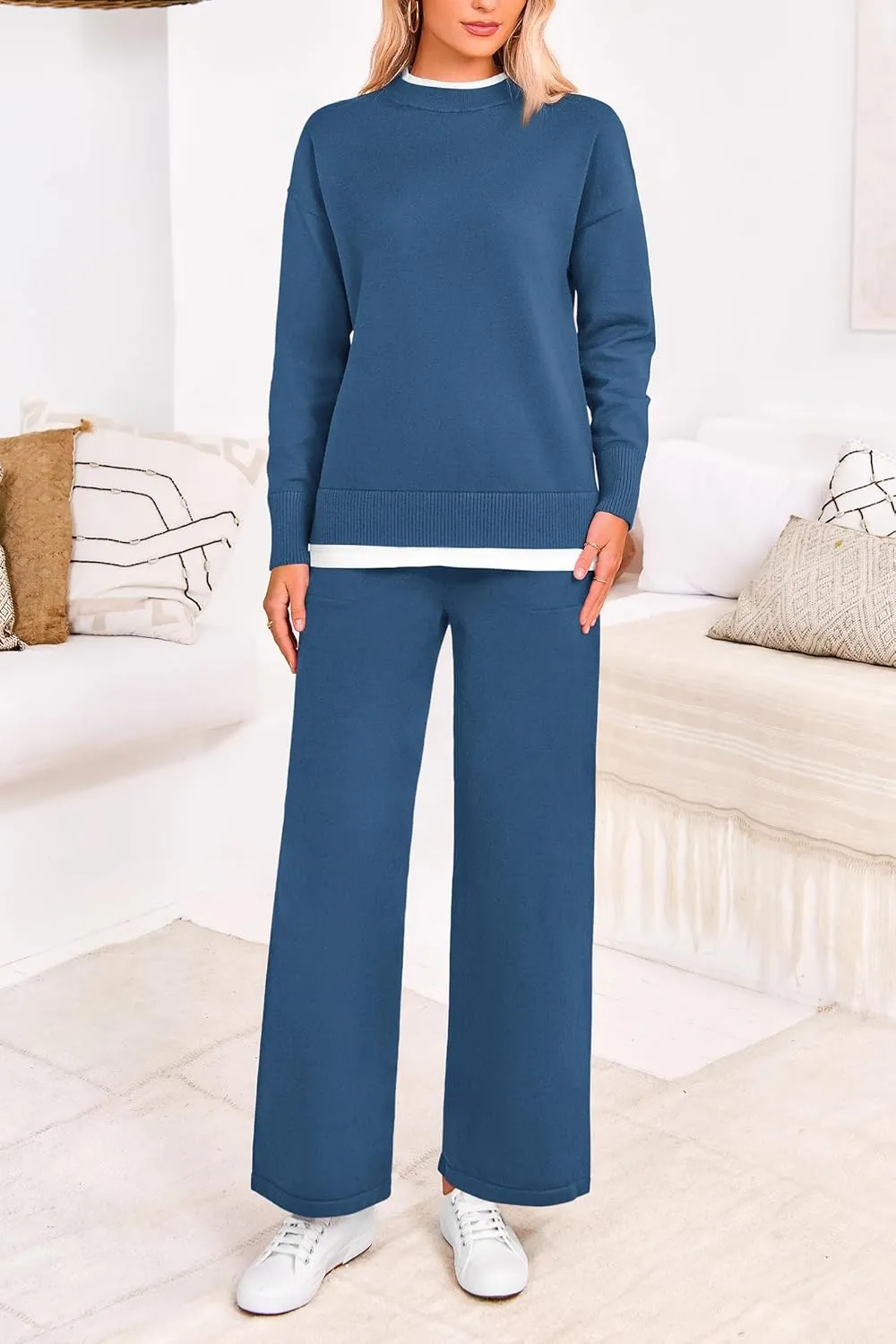 PRETTYGARDEN Women's Winter Two Piece Matching Sweater Lounge Sets Knit Long Sleeve Pullover Tops Wide Leg Pants Tracksuits