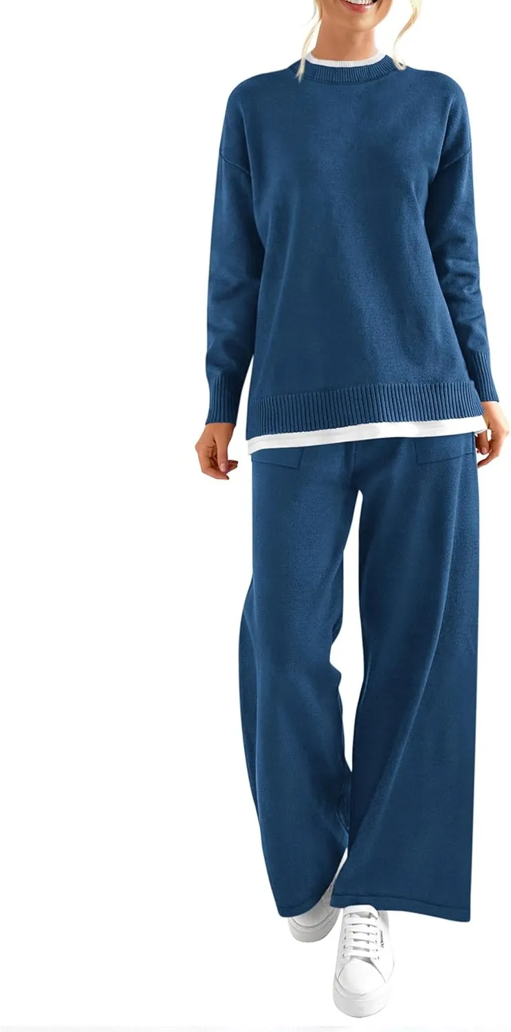 PRETTYGARDEN Women's Winter Two Piece Matching Sweater Lounge Sets Knit Long Sleeve Pullover Tops Wide Leg Pants Tracksuits