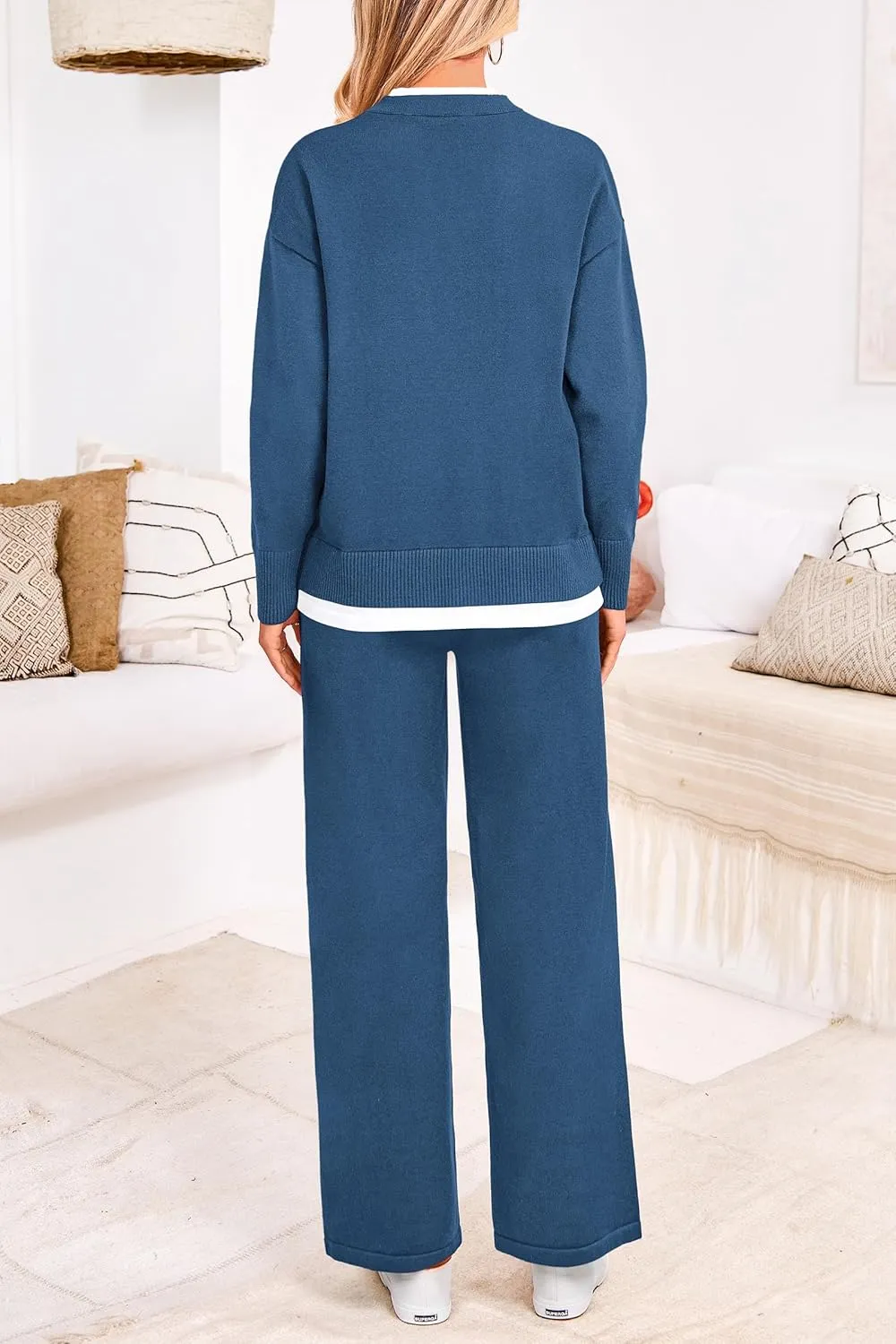 PRETTYGARDEN Women's Winter Two Piece Matching Sweater Lounge Sets Knit Long Sleeve Pullover Tops Wide Leg Pants Tracksuits