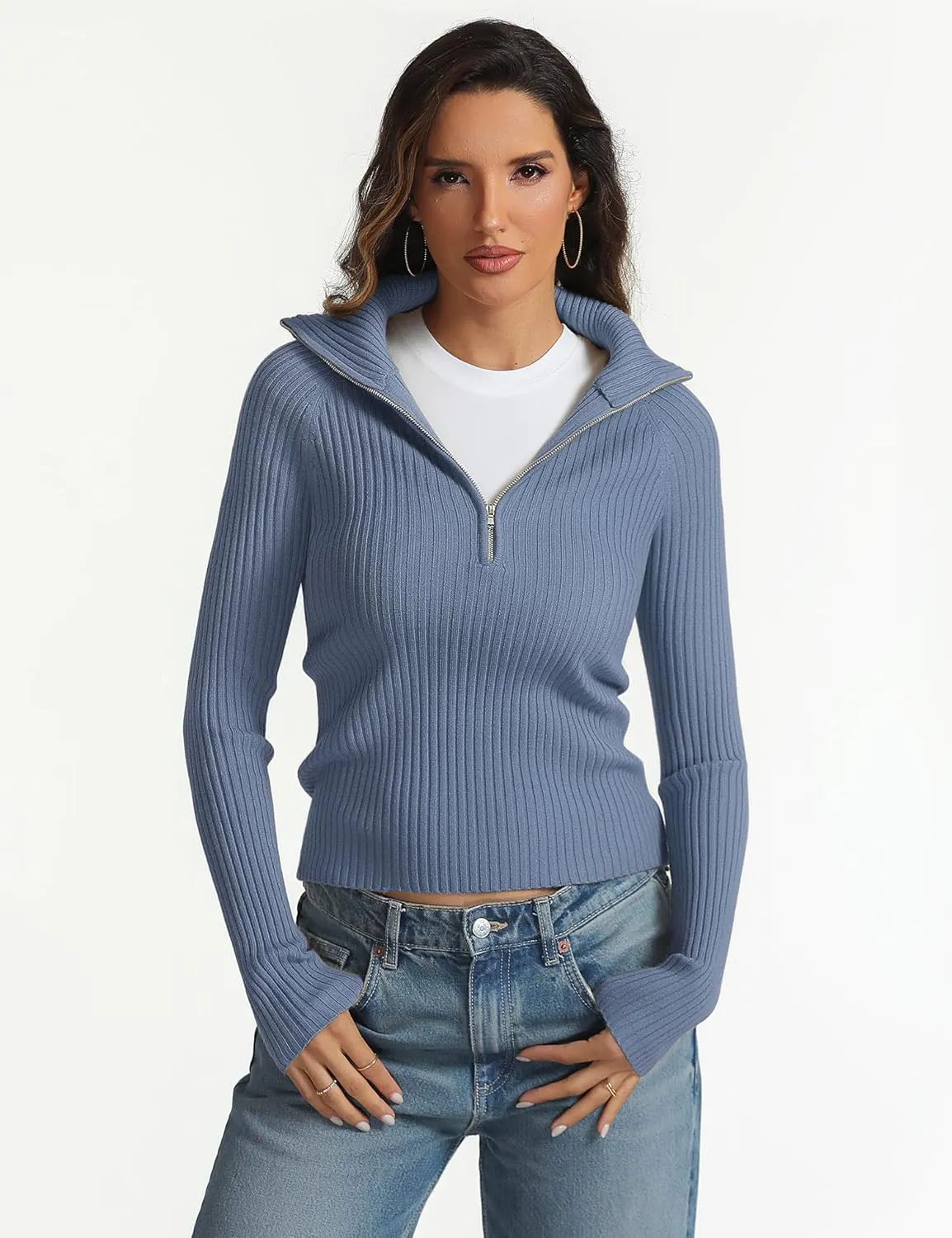 Prettywear 2024 Women's Half Zip Pullover Sweaters V Neck Collared Long Sleeve Ribbed Knit Fall Tops Dressy Casual