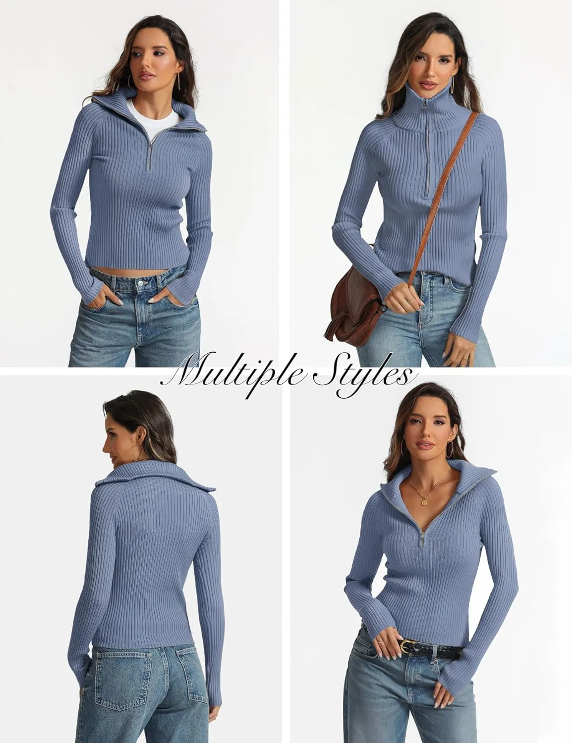 Prettywear 2024 Women's Half Zip Pullover Sweaters V Neck Collared Long Sleeve Ribbed Knit Fall Tops Dressy Casual
