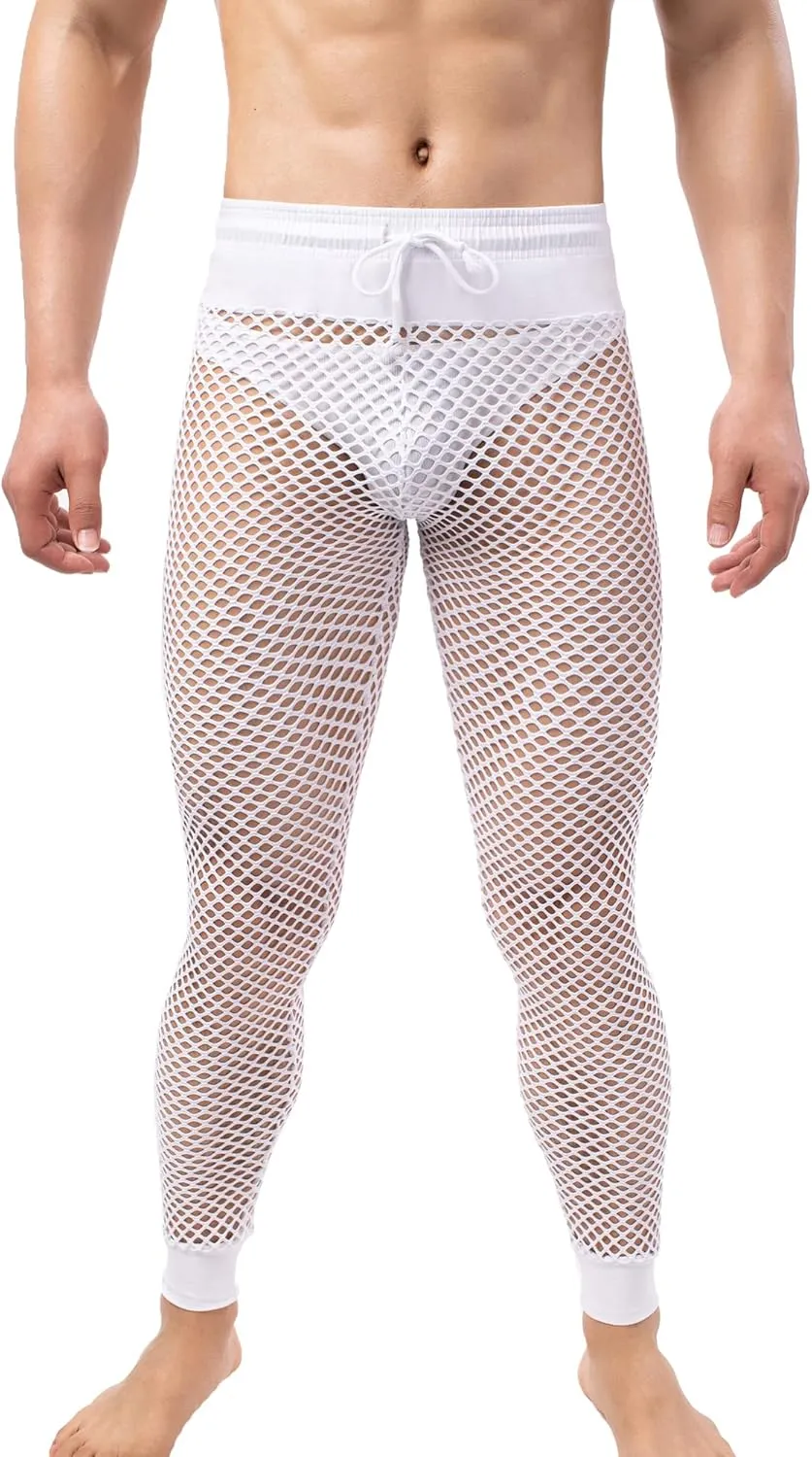 QiaTi Men's Fishnet Pants Mesh See Through Muscle Leggings Stretchy Drawstring Long Pants