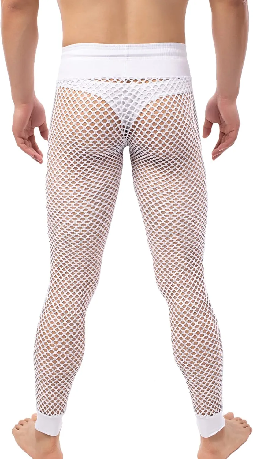 QiaTi Men's Fishnet Pants Mesh See Through Muscle Leggings Stretchy Drawstring Long Pants