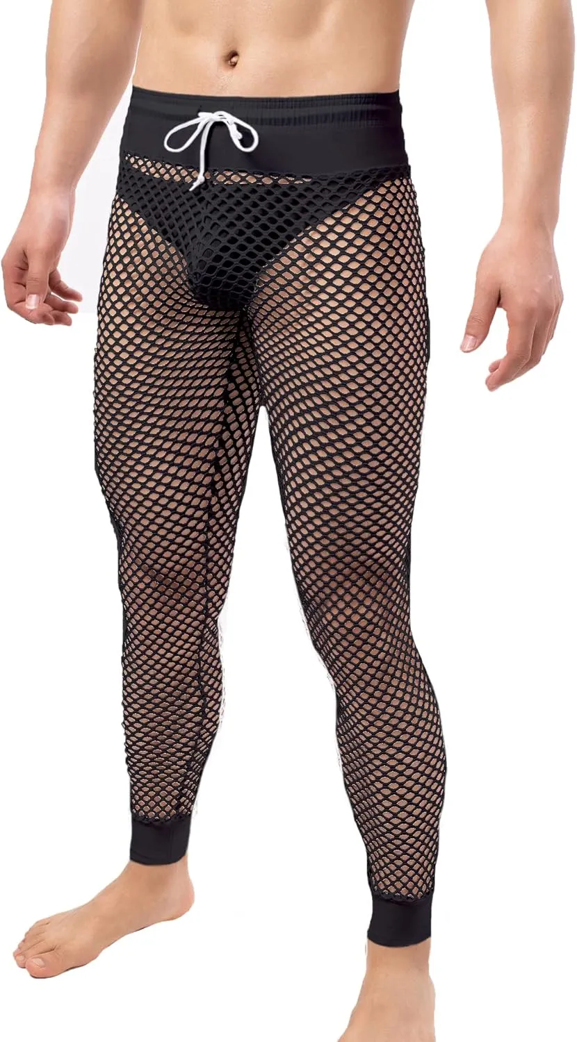 QiaTi Men's Fishnet Pants Mesh See Through Muscle Leggings Stretchy Drawstring Long Pants