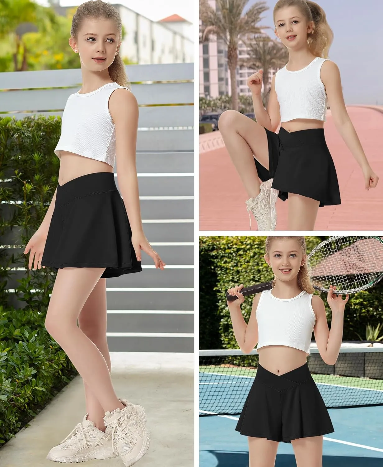 QooNoo Girls Athletic Shorts Flowy Running Shorts with Pockets V Crossover 2 in 1 Girls Tennis Shorts Butterfly Skorts