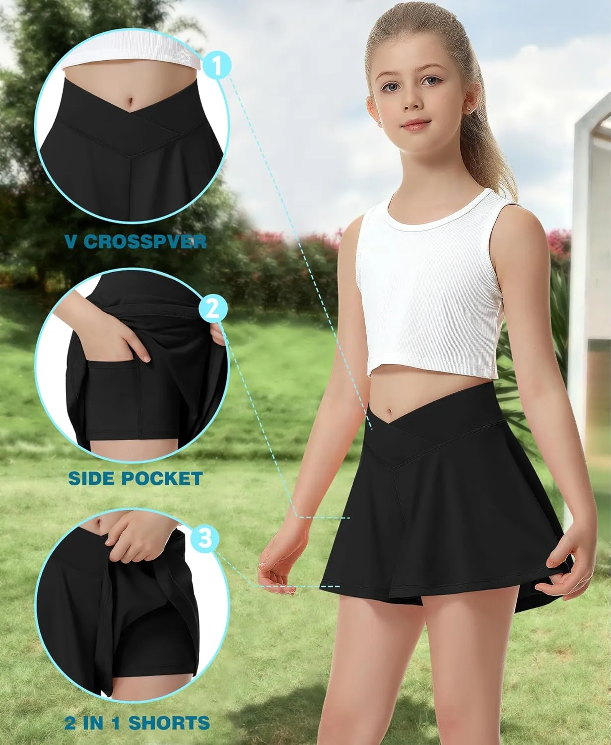 QooNoo Girls Athletic Shorts Flowy Running Shorts with Pockets V Crossover 2 in 1 Girls Tennis Shorts Butterfly Skorts