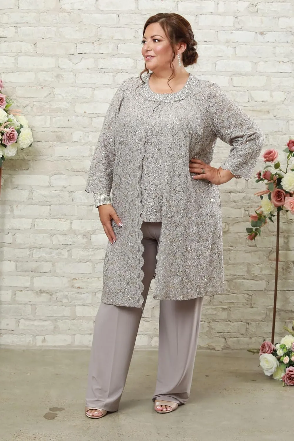 R&M Richards Women's Pearl-Adorned Neckline Lace Pant Suit Plus Size