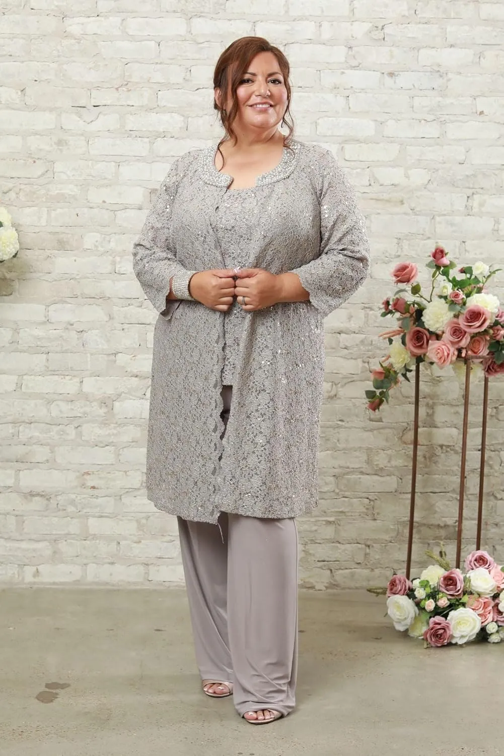 R&M Richards Women's Pearl-Adorned Neckline Lace Pant Suit Plus Size