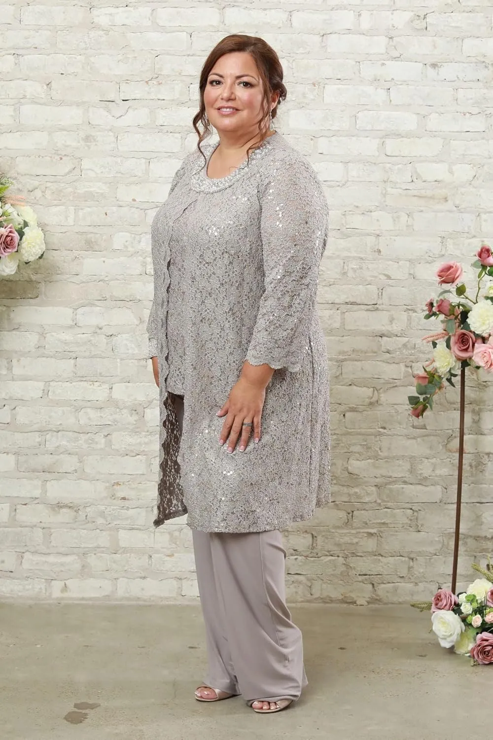R&M Richards Women's Pearl-Adorned Neckline Lace Pant Suit Plus Size