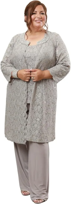 R&M Richards Women's Pearl-Adorned Neckline Lace Pant Suit Plus Size