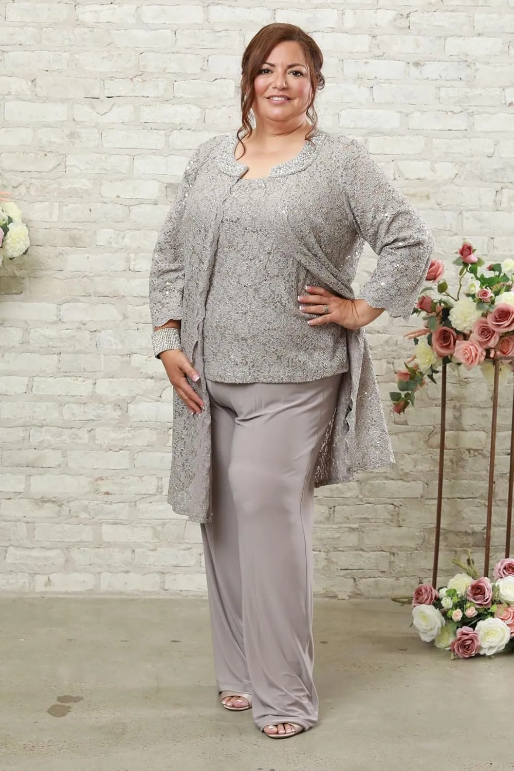 R&M Richards Women's Pearl-Adorned Neckline Lace Pant Suit Plus Size