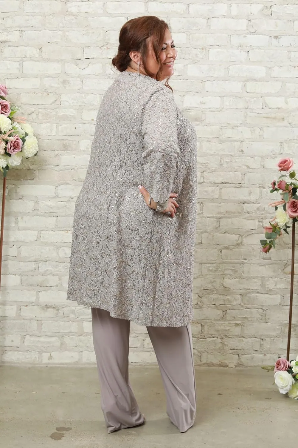 R&M Richards Women's Pearl-Adorned Neckline Lace Pant Suit Plus Size