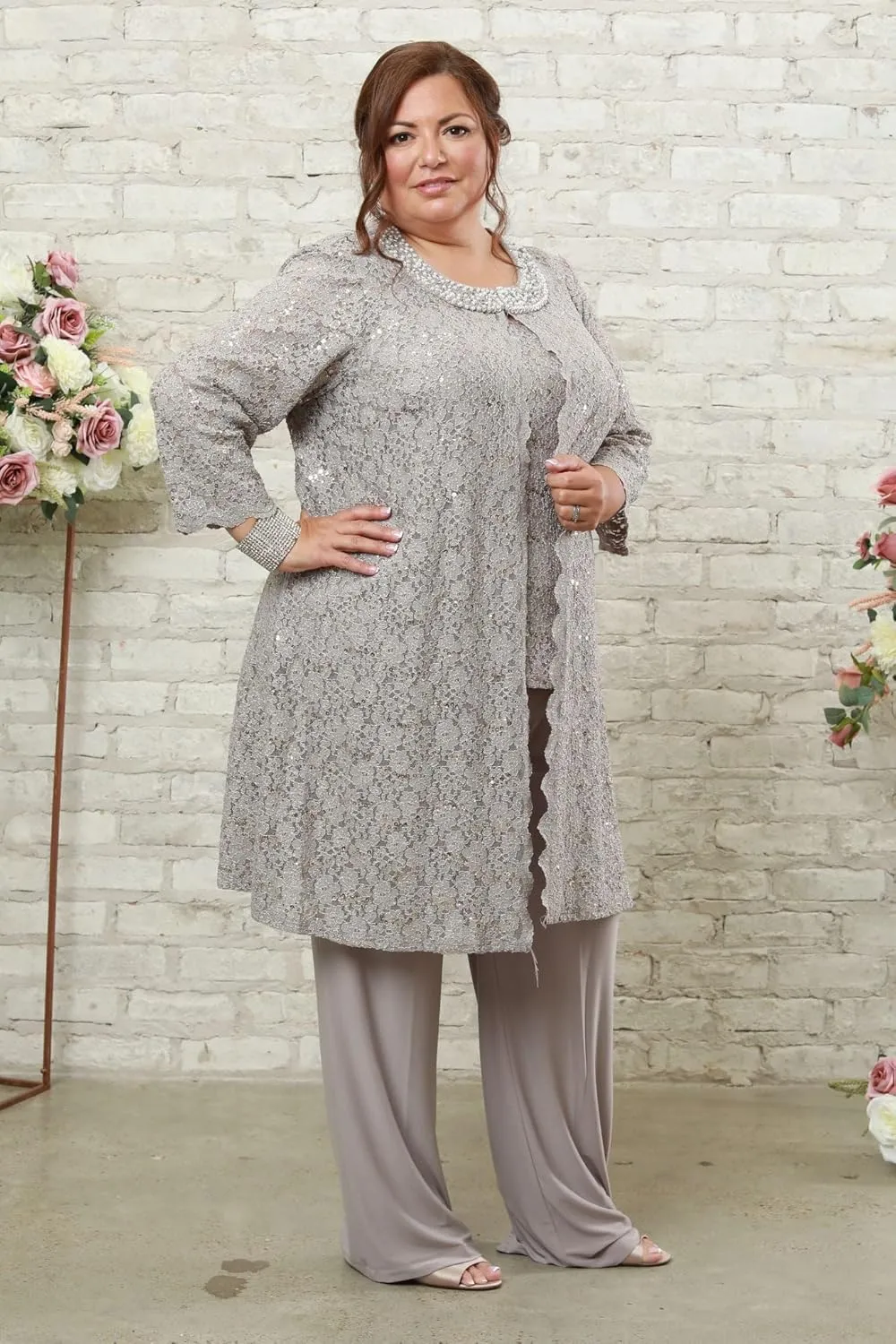 R&M Richards Women's Pearl-Adorned Neckline Lace Pant Suit Plus Size