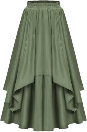 Renaissance Maxi Skirts for Women Elastic High Waist Double Layered A-Line Skirts Vintage Pleated Skirt with Pockets