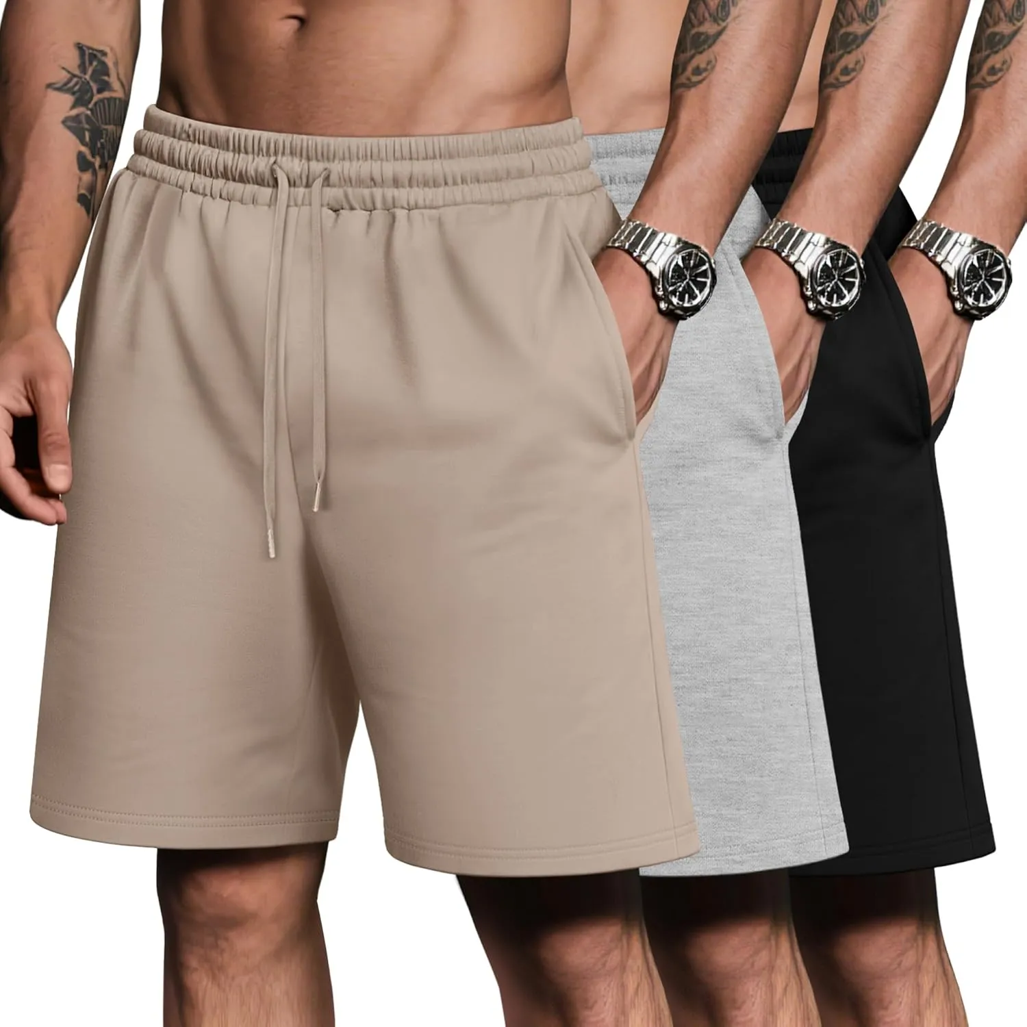 Riyiper 3 Pack Men's Bermuda Athletic Shorts Cotton Casual High Waist Shorts with Pockets Drawstring Knee Length Shorts