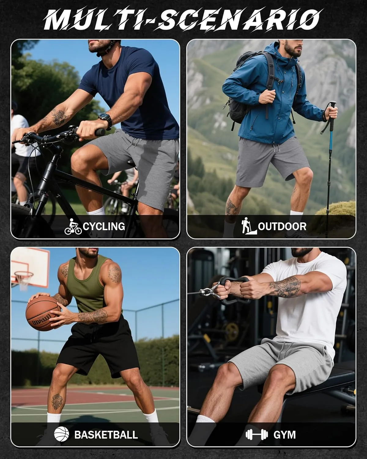 Riyiper 3 Pack Men's Bermuda Athletic Shorts Cotton Casual High Waist Shorts with Pockets Drawstring Knee Length Shorts