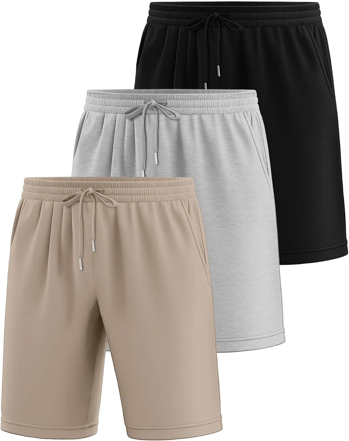Riyiper 3 Pack Men's Bermuda Athletic Shorts Cotton Casual High Waist Shorts with Pockets Drawstring Knee Length Shorts