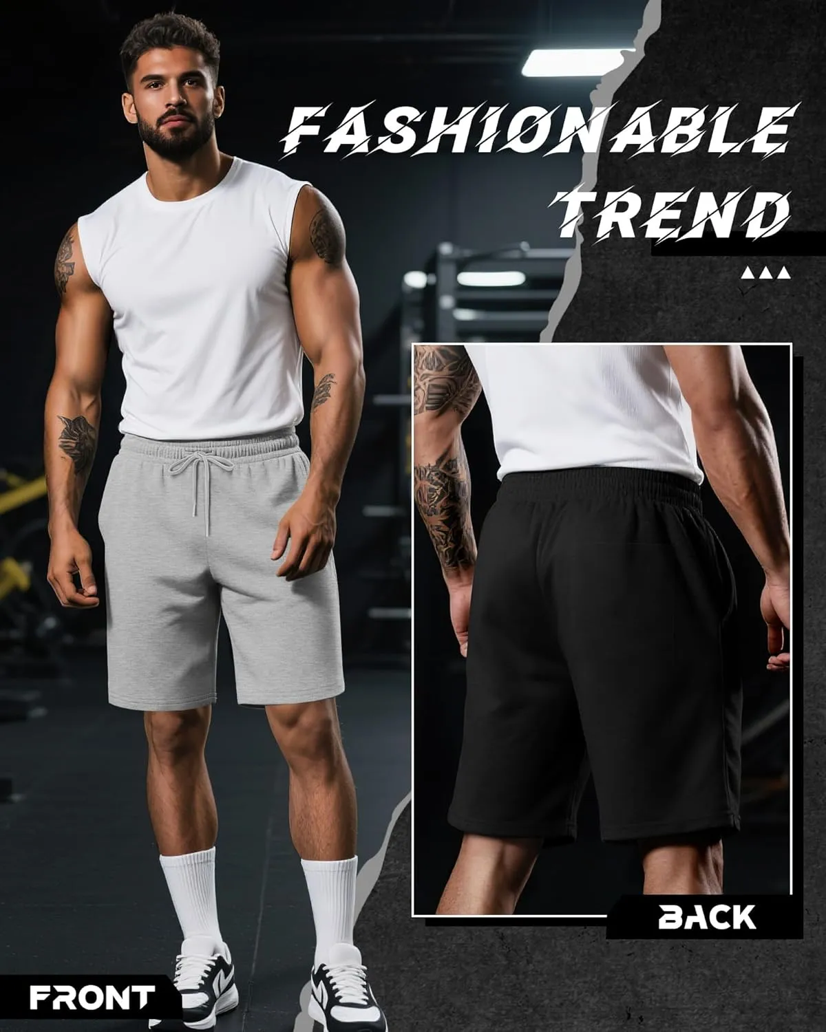 Riyiper 3 Pack Men's Bermuda Athletic Shorts Cotton Casual High Waist Shorts with Pockets Drawstring Knee Length Shorts